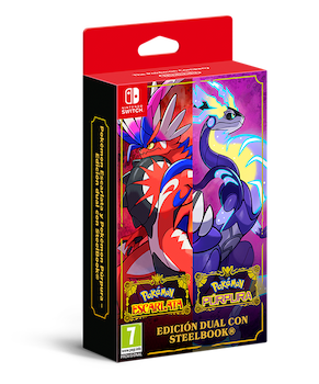 Carátula de la edición dual de Pokémon Escarlata y Pokémon Púrpura.