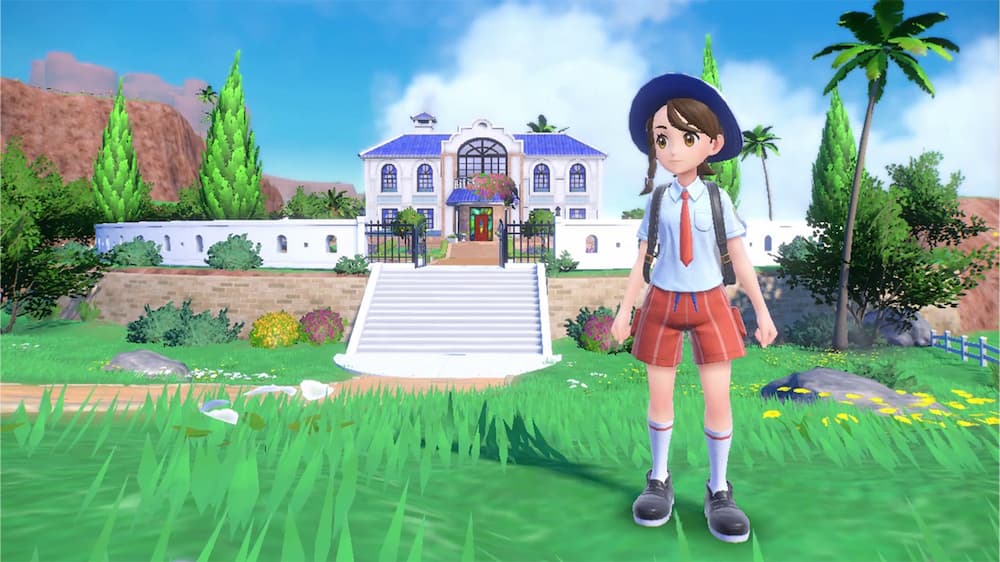 Main Character wearing the Pokémon Scarlet outfit, standing in a field outside of a conservatory.
