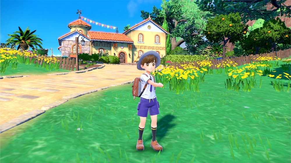Main Character wearing the Pokémon Violet outfit, standing in a field outside of a conservatory.