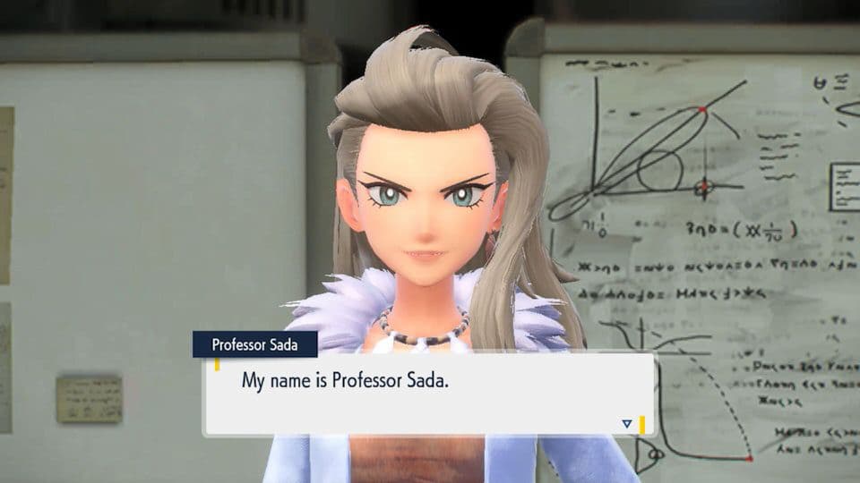 Ảnh chụp màn hình trò chơi: cận cảnh Giáo sư, với hộp thoại có nội dung "Tên tôi là Giáo sư Sada."