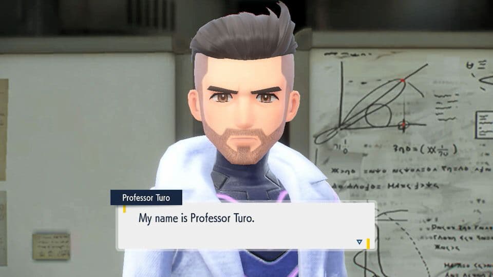 Gameplay screenshot: close-up of Professor, with a dialog box that reads "My name is Professor Turo."