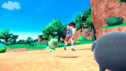 Gameplay screenshot showing a trainer with Sprigatito battling a wild Lechonk.