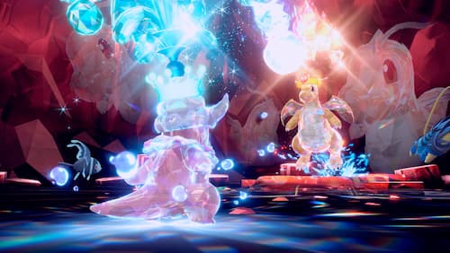 gameplay screenshot tera raid battle featuring 2 terastallized Pokemon.