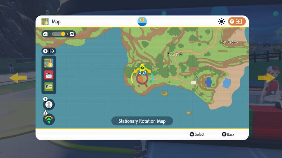 Gameplay screenshot, in-game Map window with icons to zoom, select, and mark the map. Footer text reads "Stationary Rotation Map" with two areas on the map titled "Poco Path" and "Inlet Grotto".