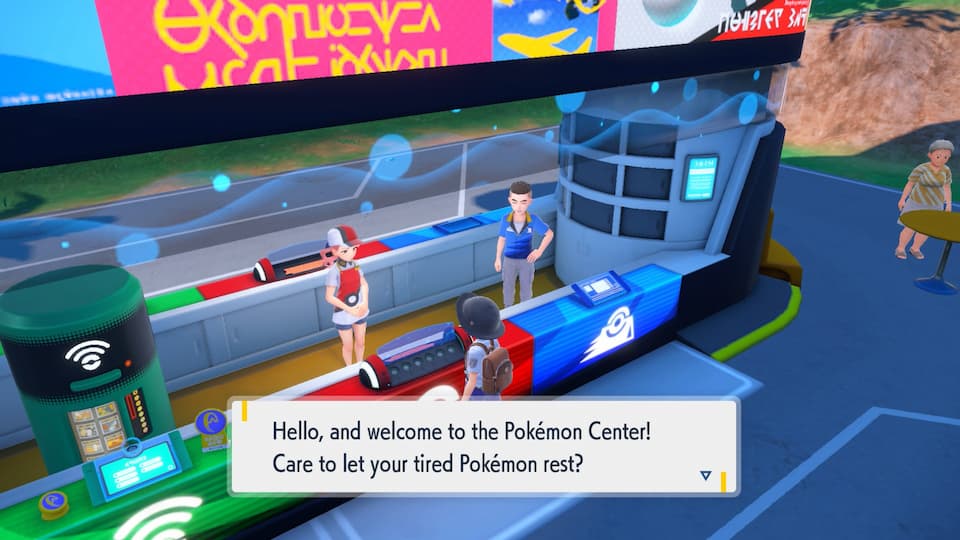 Gameplay screenshot, Pokémon Center. Character speech bubble reads "Hello, and welcome to the Pokémon Center! Care to let your tired Pokémon rest?".