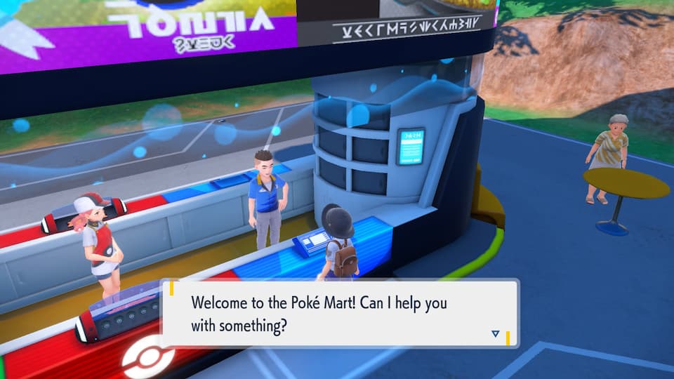 Gameplay screenshot, Poké Mart. Character speech bubble reads "Welcome to the Poké Mart! Can I help you with something?".