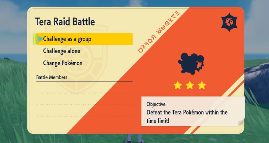 Gameplay screenshot, Tera Raid Battle window featuring left-hand text menu options to "Challenge as a group", "Challenge alone", and "Change Pokémon". Below it is a "Battle Members" section. To the right is a Marill silhouette, with three stars underneath it and a section titled "Objective", body text reading "Defeat the Tera Pokémon within the time limit!".