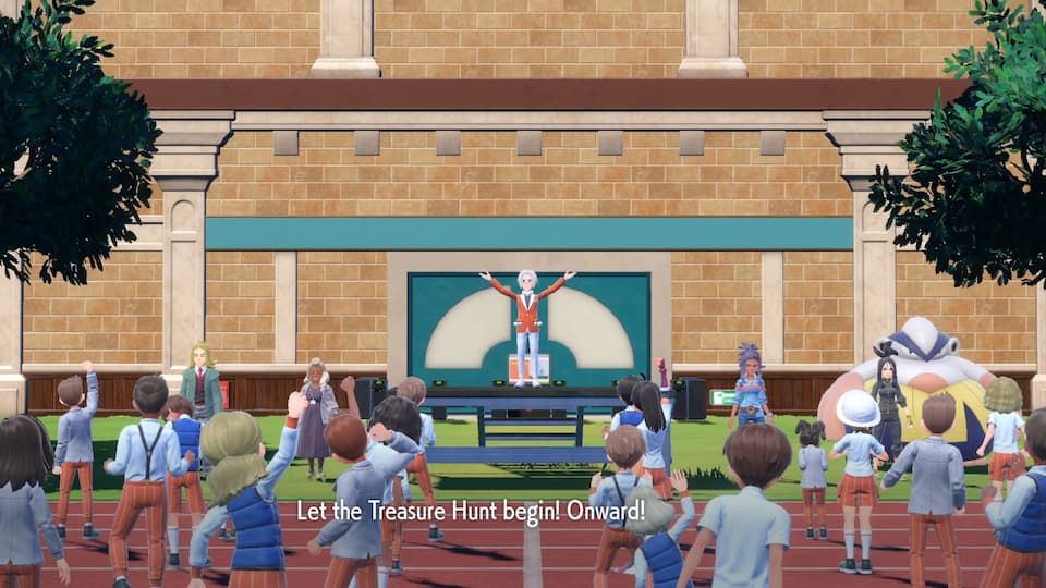 Gameplay screenshot, Director Clavell speaking to a crowd of students with a speech text caption of "Let the Treasure Hunt begin! Onward!".