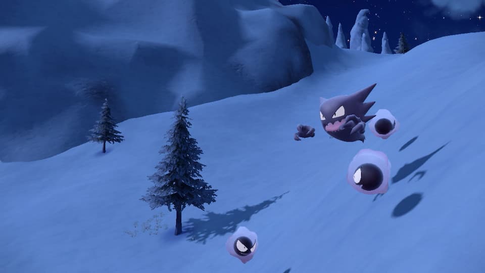 Gameplay screenshot, snowy landscape with Pokémon