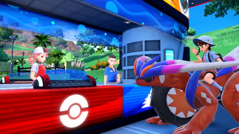 Gameplay screenshot, Pokémon Center desk with multiple characters and Pokémon.