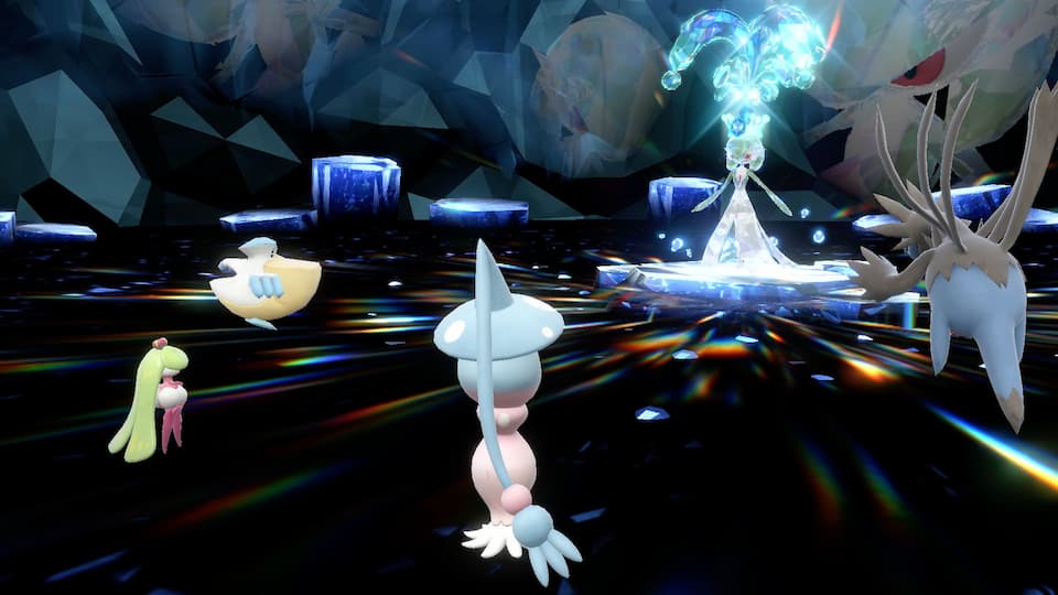 Gameplay screenshot, Tera Raid battle featuring four Pokémon against a Terastallized Gardevoir.
