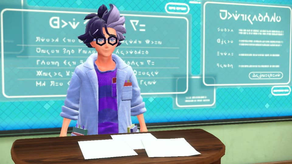 Gameplay screenshot, close-up of Mr. Jacq standing in a classroom.