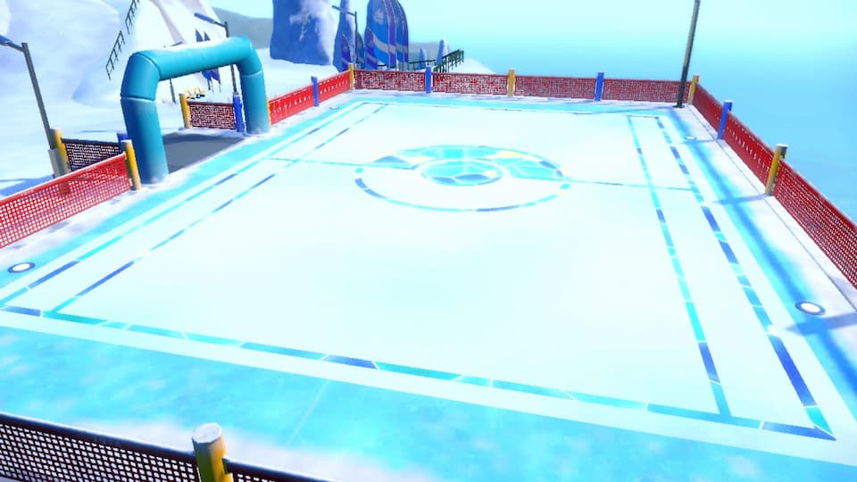 Gameplay screenshot, view from above of an ice-covered Pokémon battle stadium.