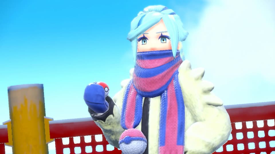 Gameplay screenshot, close-up of Grusha holding a Pokéball.