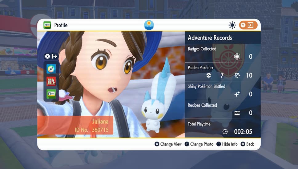 In-game screenshot, Profile App interface including Adventure records for Badges collected, Paldea Pokedex, Shiny Pokemon Battled, Reciples Collected, and Total Playtime.