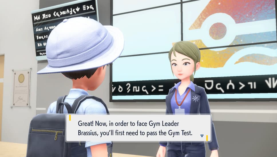 Gameplay screenshot with speech bubble reading "Great! Now, in order to face Gym Leader Brassius, you'll first need to pass the Gym Test."