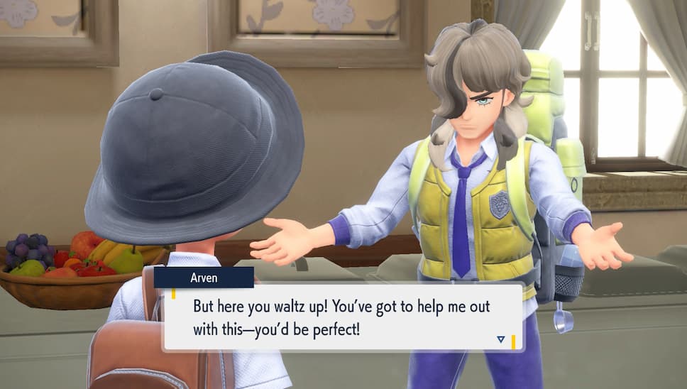 Gameplay screenshot, close-up of Arven with a speech bubble reading "But here you waltz up! You've got to help me out with this--you'd be perfect!"