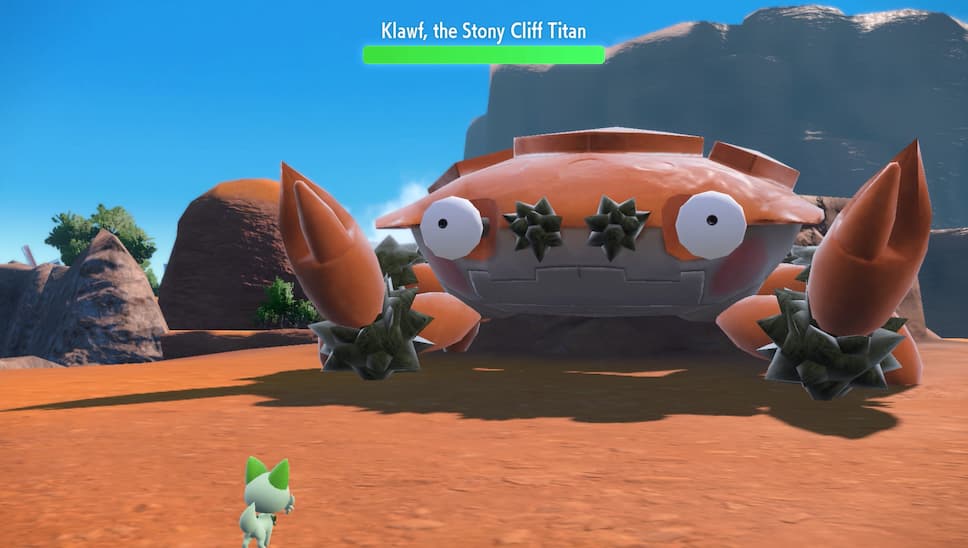 Gameplay screenshot, Pokémon battle. Header text reads "Klawf, the Stony Cliff Titan"