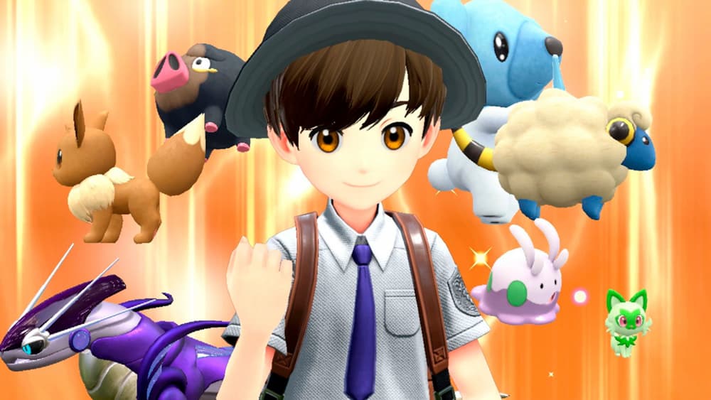 Trainer with several pokemon behind him.