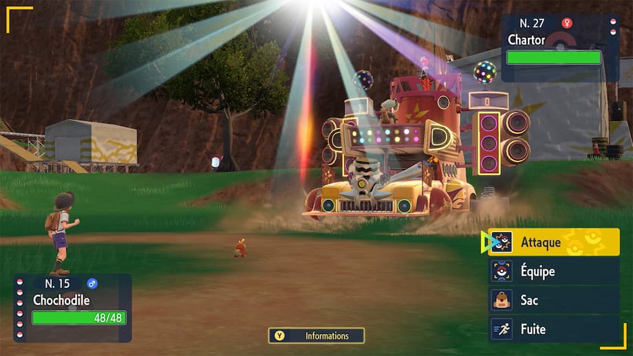 Gameplay screenshot player character inside of team star base battling pokemon.